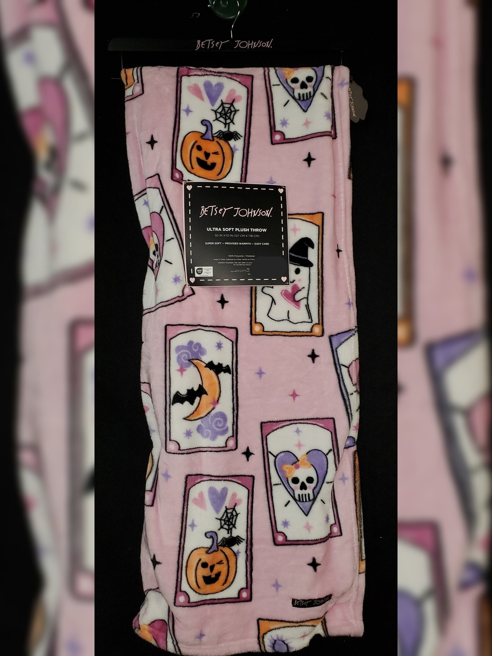 Betsey Johnson Pink Halloween Plush Throw with Purple and Orange Accents